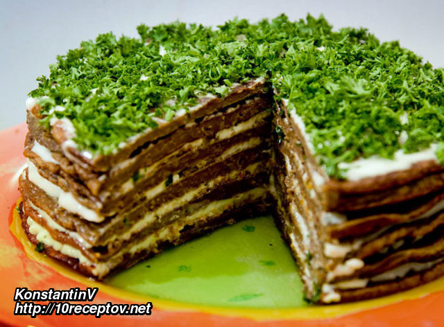 Печеночный торт с овощами Печеночный торт с овощами